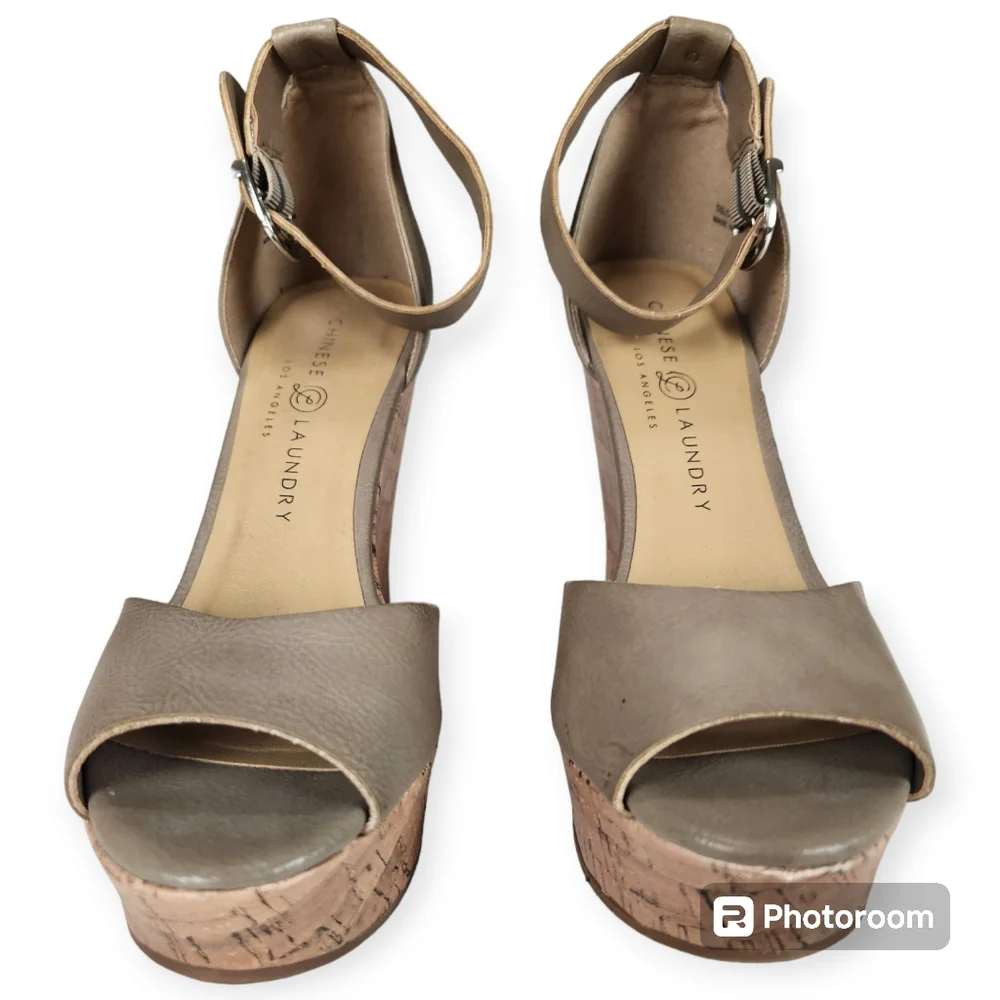 Chinese Laundry Beige Wedge Ankle Strap Heels size 7M